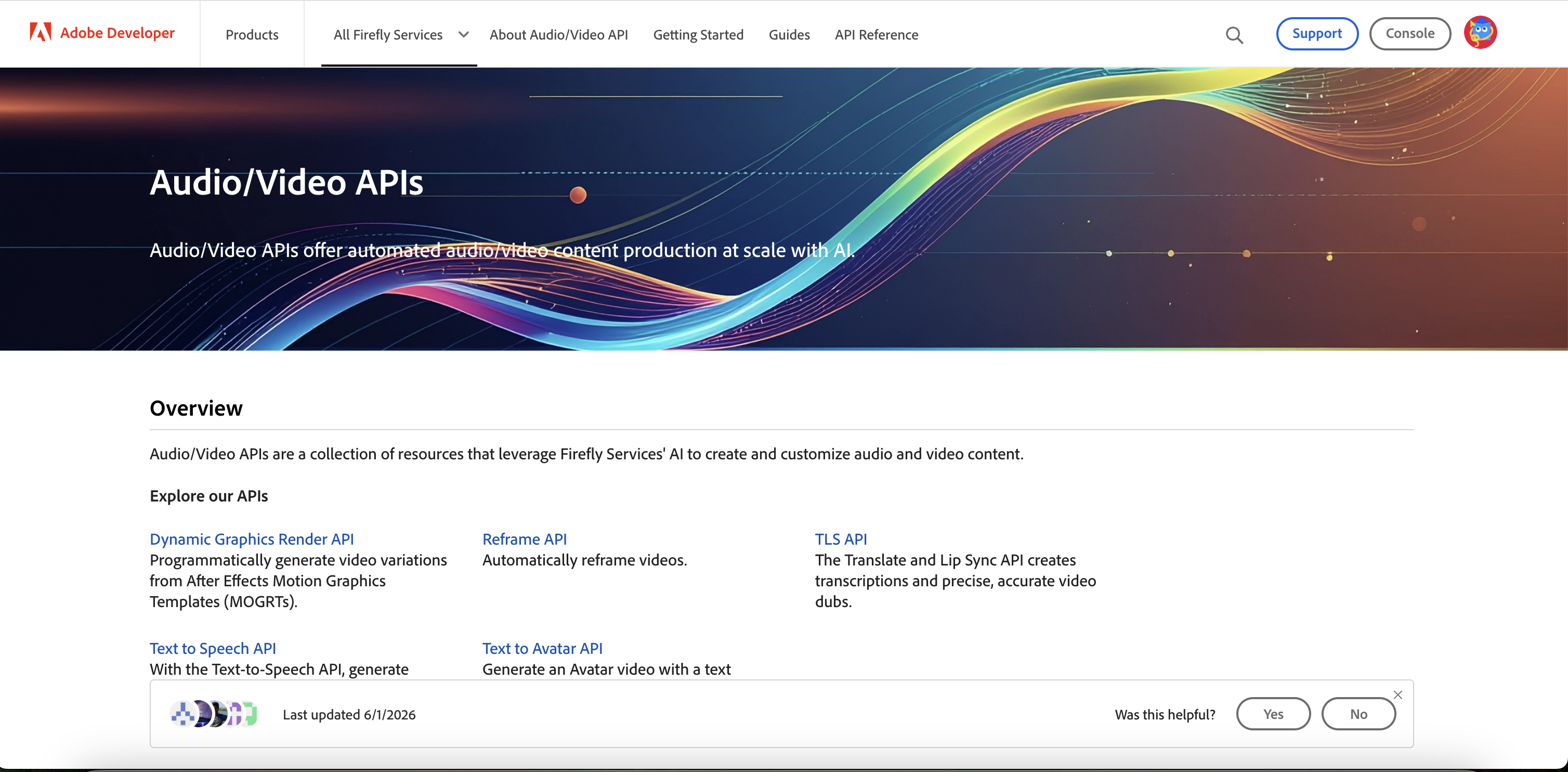 Adobe Firefly Audio/Video API landing page