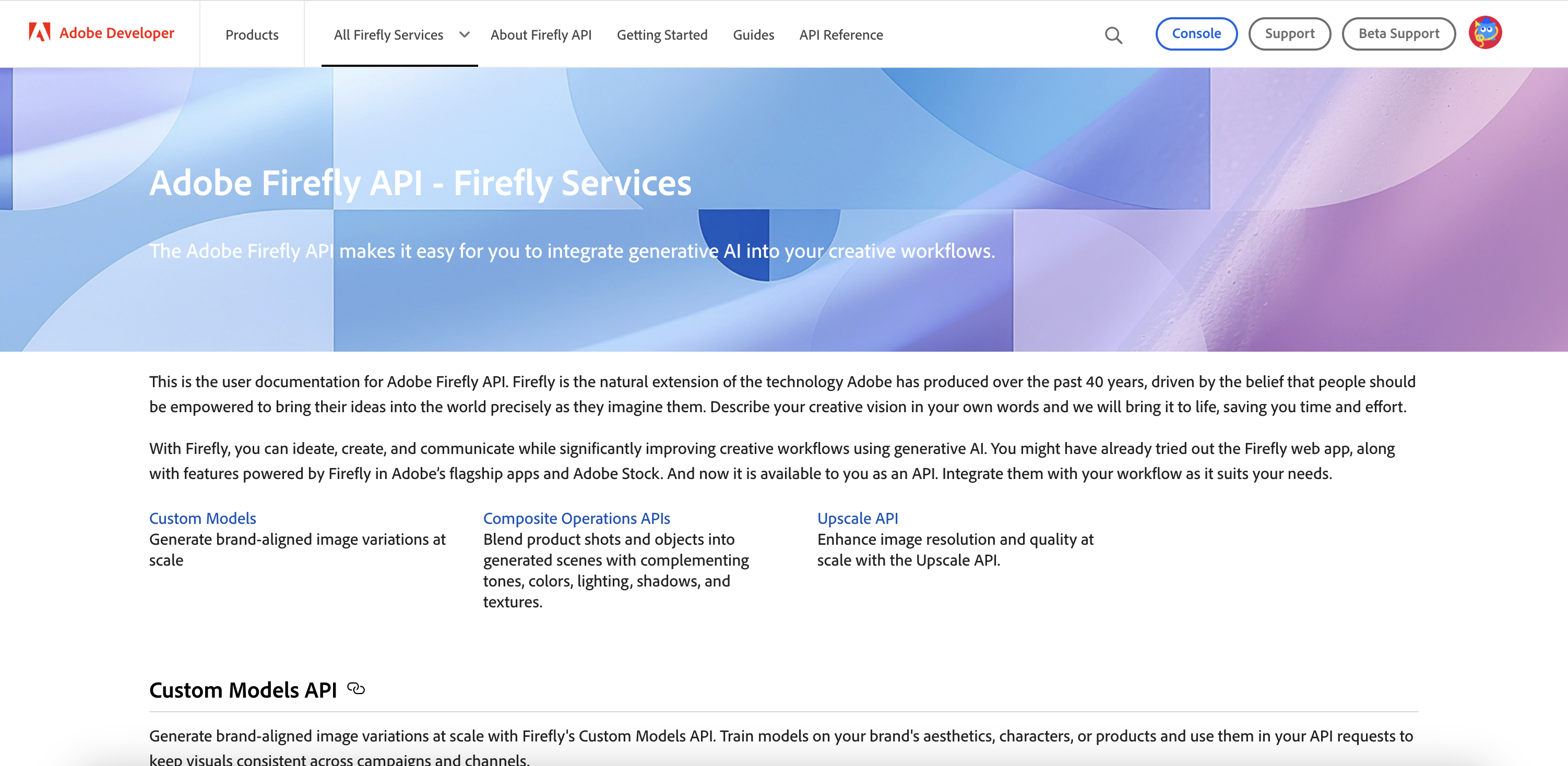 Adobe Firefly API landing page